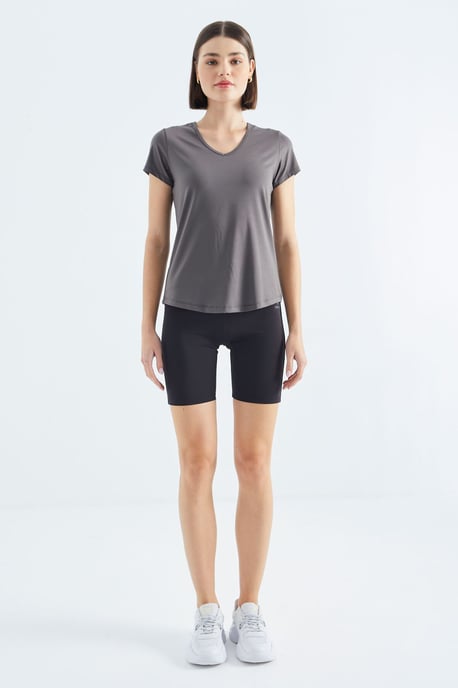 Damen schlichtes V-Ausschnitt Kurzarm-T-Shirt - Image 2