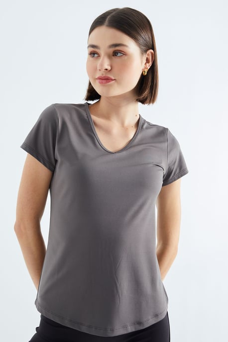 Damen schlichtes V-Ausschnitt Kurzarm-T-Shirt - Image 4