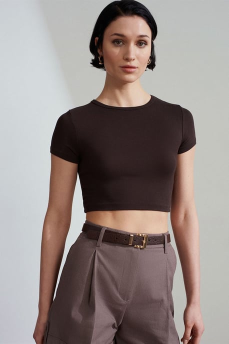 Damen Crop Slim-Fit Rundhalsausschnitt T-Shirt - Image 3