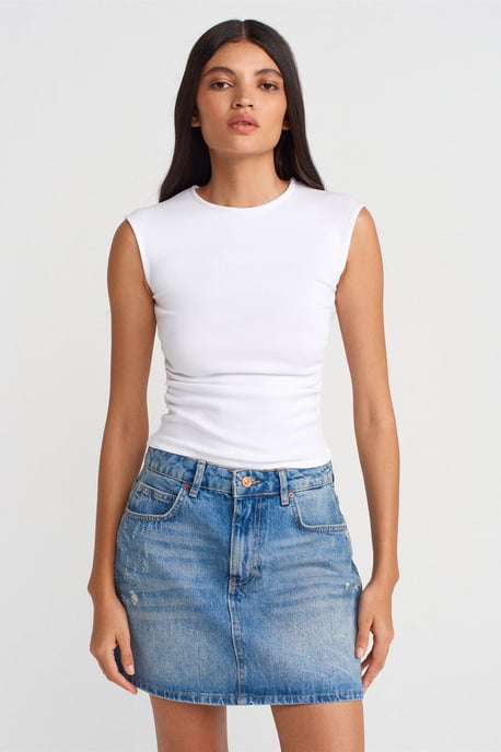 Damen Rippenloses Ärmelloses Rundhals-T-Shirt - Image 1