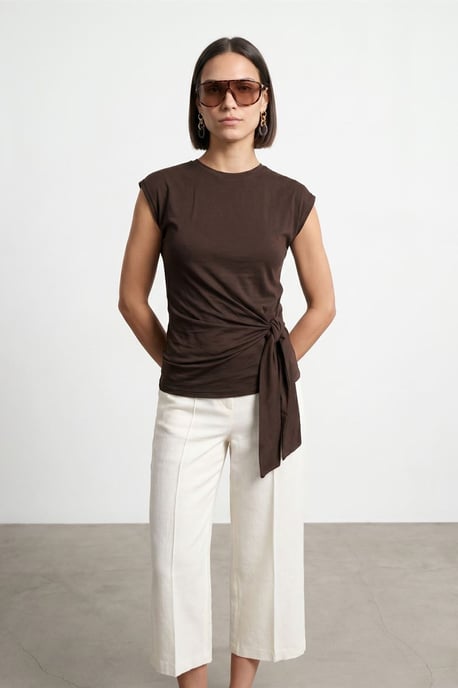Damen ärmelloses Baumwoll-T-Shirt mit Rundhalsausschnitt und Bindedetail - Image 3