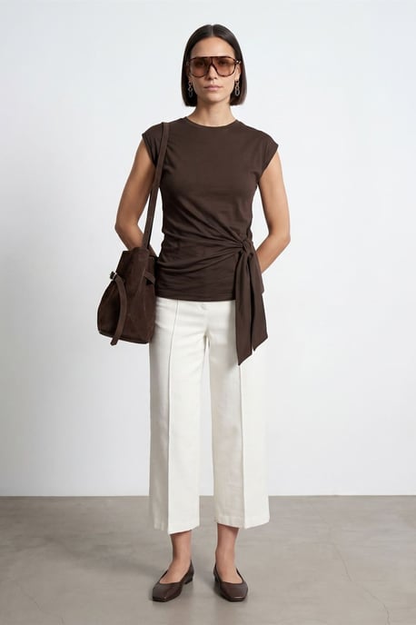 Damen ärmelloses Baumwoll-T-Shirt mit Rundhalsausschnitt und Bindedetail - Image 5