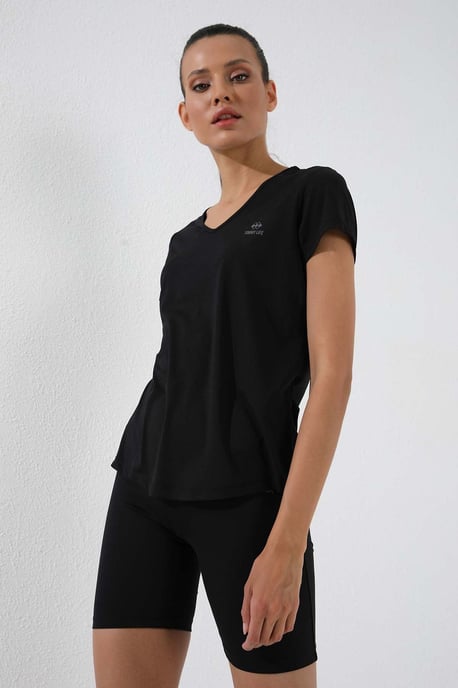 Damen Unifarben V-Ausschnitt Kurzarm-T-Shirt - Image 3