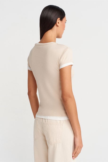 Damen Baumwoll V-Ausschnitt Knopf T-Shirt - Image 2