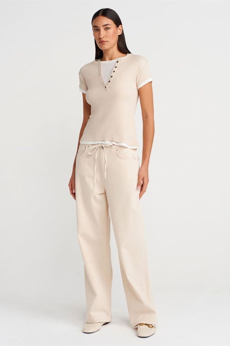 Damen Baumwoll V-Ausschnitt Knopf T-Shirt - Image 4