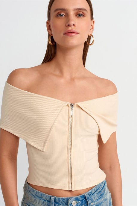 Damen Off-Shoulder Crop-T-Shirt mit Reißverschluss - Image 4