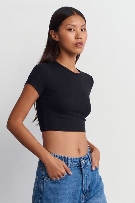 Damen Slim-Fit Crop Rundhalsausschnitt T-Shirt - Image 1