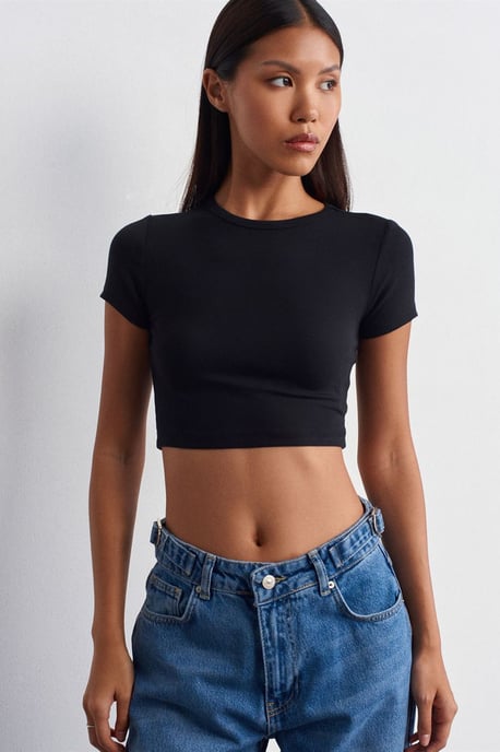 Damen Slim-Fit Crop Rundhalsausschnitt T-Shirt - Image 5