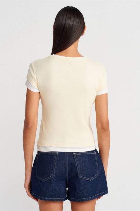 Damen Baumwoll V-Ausschnitt Knopf T-Shirt - Image 2