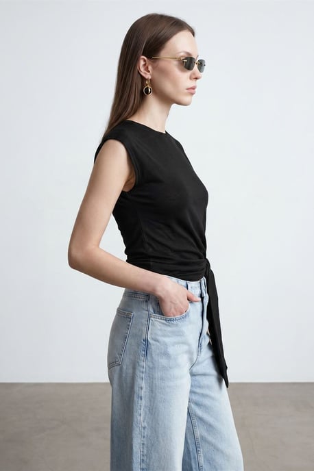 Ärmelloses Baumwoll-Crewneck-T-Shirt mit Bindeband für Damen - Image 3