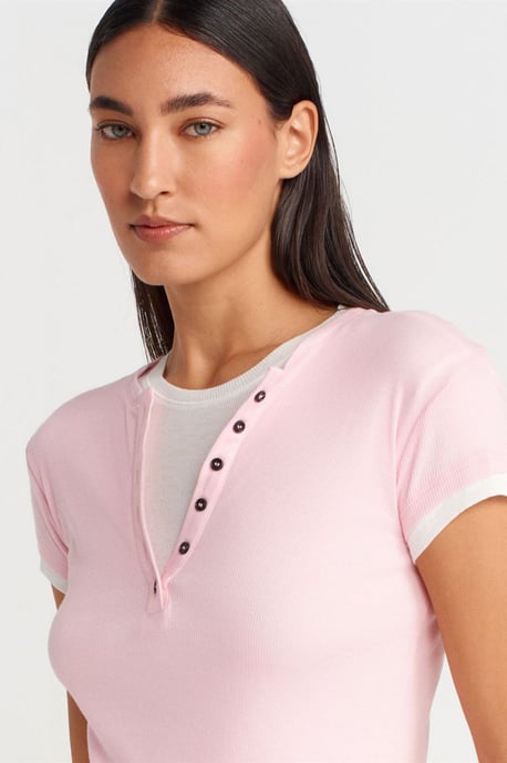 Damen Baumwoll V-Ausschnitt Knopfen T-Shirt - Image 3