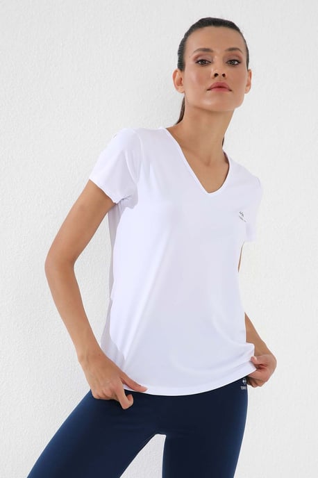 Damen Unifarben V-Ausschnitt Kurzarm T-Shirt - Image 1