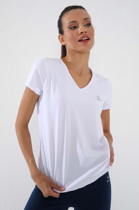 Damen Unifarben V-Ausschnitt Kurzarm T-Shirt - Image 3