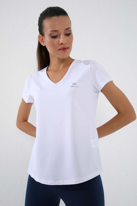 Damen Unifarben V-Ausschnitt Kurzarm T-Shirt - Image 5