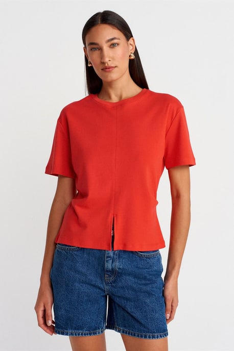 Damen Baumwoll T-Shirt mit Rundhalsausschnitt und Schlitz - Image 1