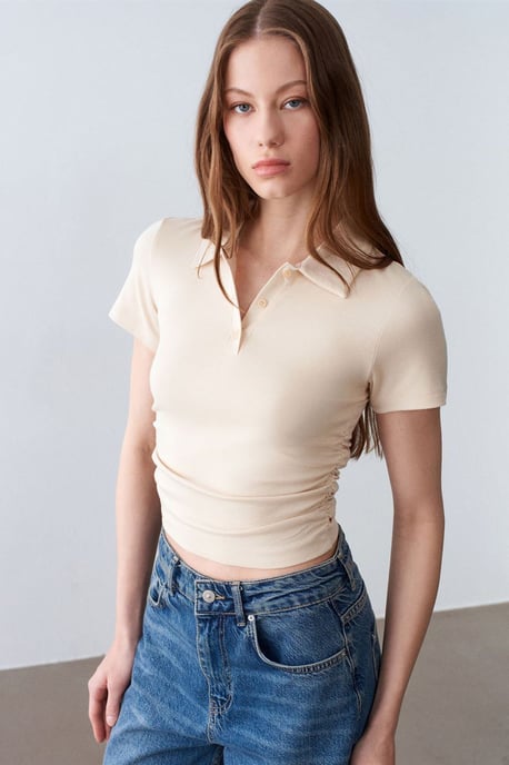 Damen Crop Slim Fit Polo T-Shirt - Image 3