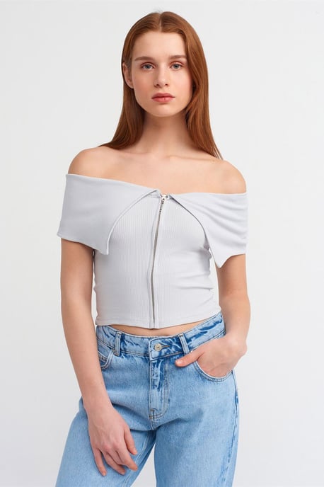 Damen Carmenausschnitt Crop-Top mit Reißverschluss - Image 1
