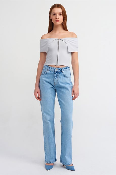 Damen Carmenausschnitt Crop-Top mit Reißverschluss - Image 3