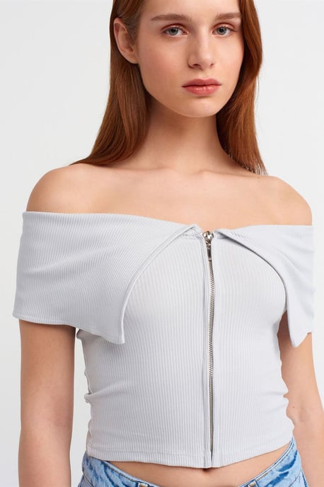Damen Carmenausschnitt Crop-Top mit Reißverschluss - Image 4