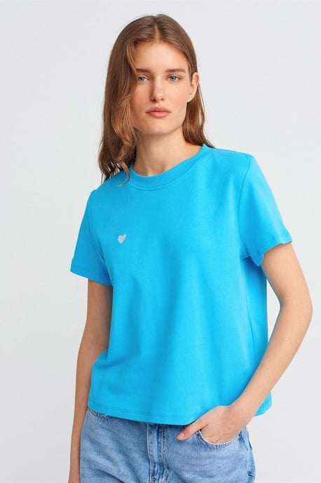 Damen Baumwoll Rundhalsausschnitt T-Shirt mit Stickerei - Image 1