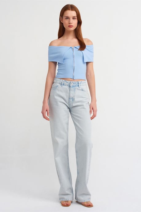 Dilvin Crop-Top mit schulterfreiem Design und Reißverschluss - Hellblau - Image 3