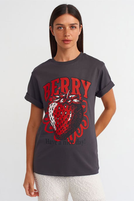 Damen Baumwolle Bedrucktes Rundhals-T-Shirt - Image 1