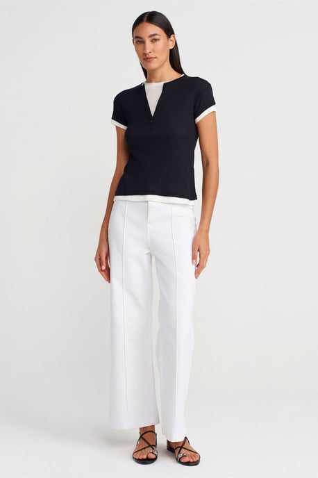 Damen Baumwoll V-Ausschnitt Button T-Shirt - Image 3
