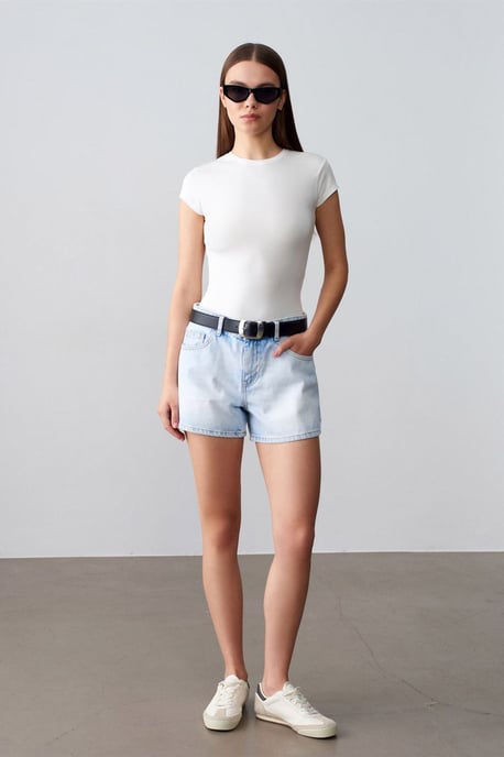 Hochtaillierte Baumwolljeansshorts - Image 4