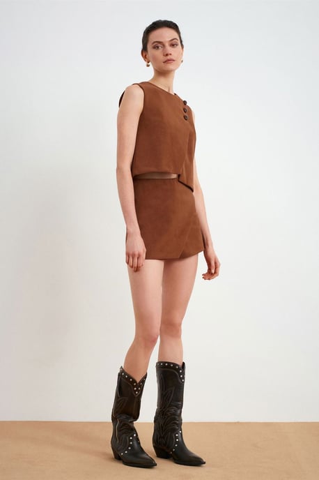 Dilvin Mid-Waist A-Linien Minirock aus Kunstleder - Camel - Image 5