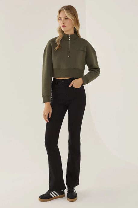 Hiccup Kurz geschnittenes Sweatshirt mit Reißverschlusskragen und Slogan - Khaki - Image 2