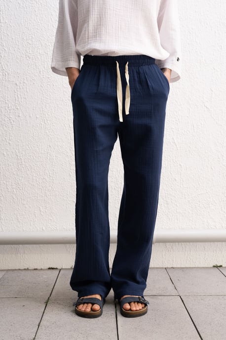 Strukturierte Baumwollhose mit entspannter Passform und Kordelzugbund - Image 1
