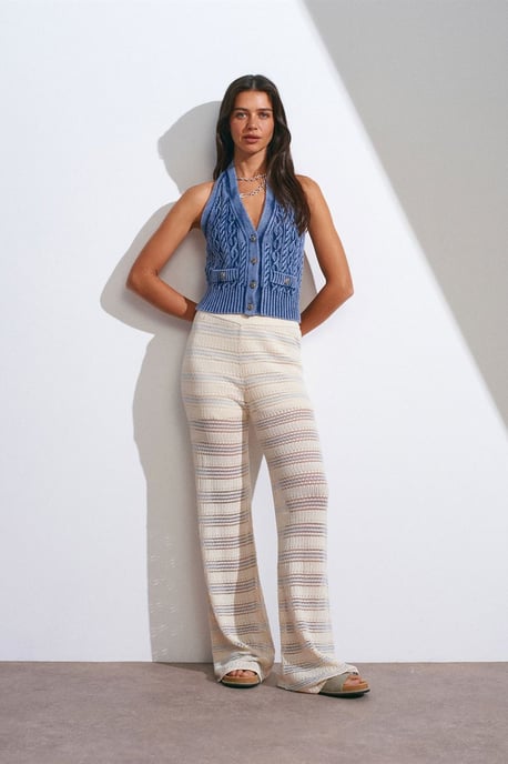 Damen Hohe Taille Weite Streifenstrickhose - Image 1