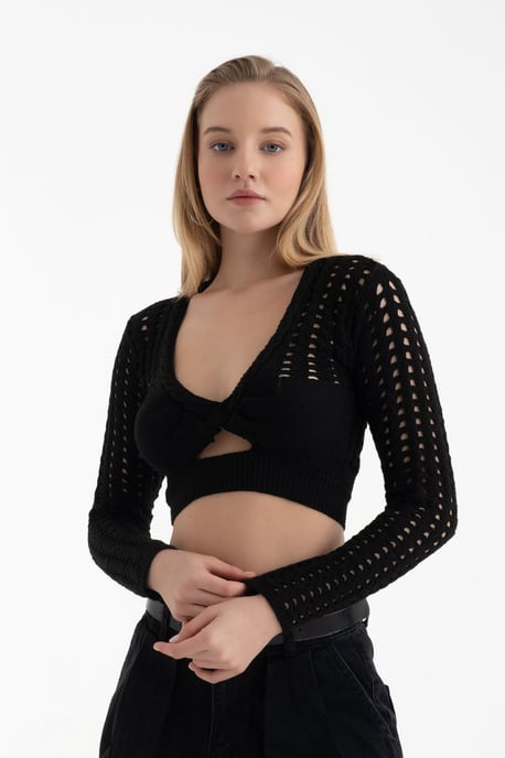 Ausschnitt-Strick-Bluse mit langen Ärmeln und Häkel-Ausschnitten - Image 2