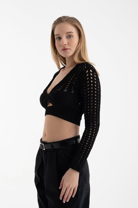 Ausschnitt-Strick-Bluse mit langen Ärmeln und Häkel-Ausschnitten - Image 3
