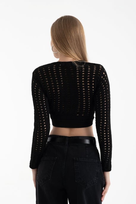 Ausschnitt-Strick-Bluse mit langen Ärmeln und Häkel-Ausschnitten - Image 4