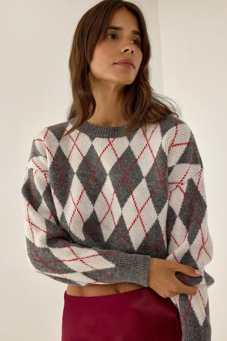 Crew-Neck-Crop-Pullover mit Rautenmuster - Image 3