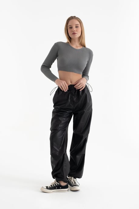 Rundhals Gestrickter Ripp Longsleeve Cropped Top - Image 4