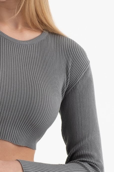 Rundhals Gestrickter Ripp Longsleeve Cropped Top - Image 5