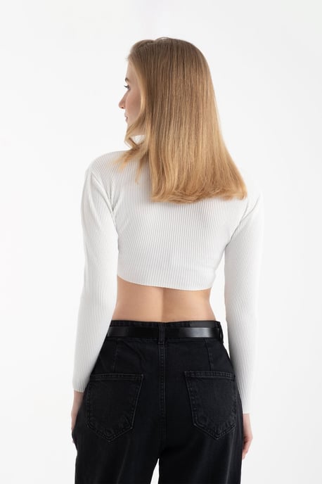Hiccup Gestricktes, geripptes Langarm-Crop-Top mit Rundhals - Wollweiß - Image 2