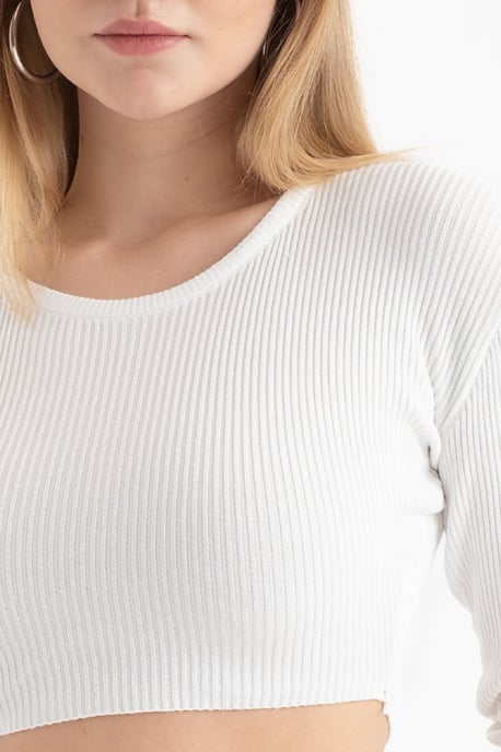Hiccup Gestricktes, geripptes Langarm-Crop-Top mit Rundhals - Wollweiß - Image 5