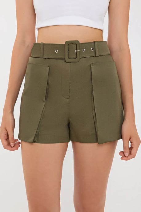 Hiccup Baumwoll-Shorts, hohe Taille, mit Taschen- und Gürteldetail - Khaki - Image 1