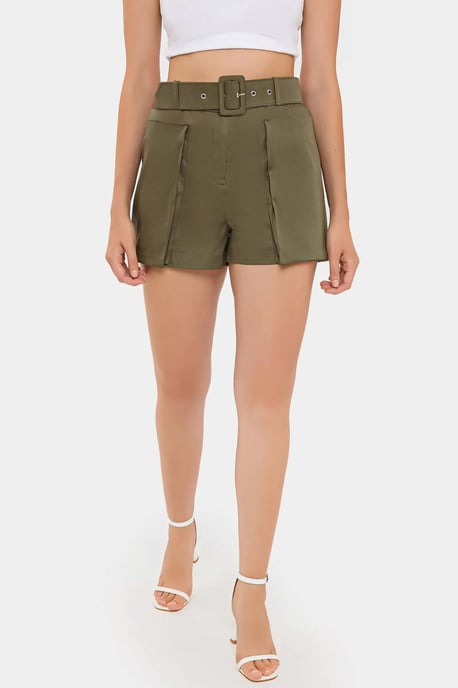 Hiccup Baumwoll-Shorts, hohe Taille, mit Taschen- und Gürteldetail - Khaki - Image 3
