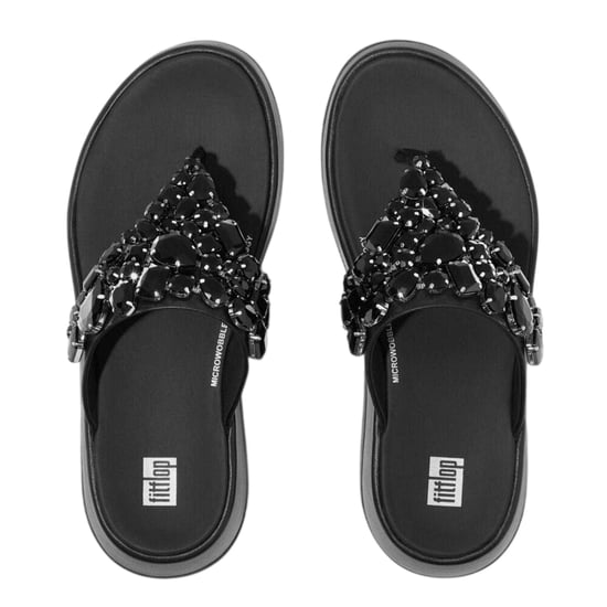 FitFlop - Mit Juwelen besetzt Sandalen für Damen, Leder, flach geformter Absatz (Schwarz) - Image 3