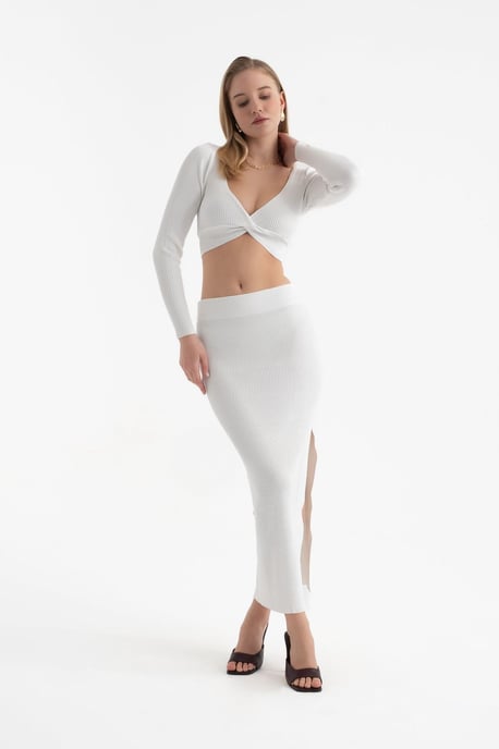 2 Teile: V-Ausschnitt Langarm Cropped Top & Hohe Taille Schlitz Maxirock - Image 2