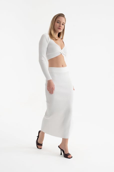 2 Teile: V-Ausschnitt Langarm Cropped Top & Hohe Taille Schlitz Maxirock - Image 3