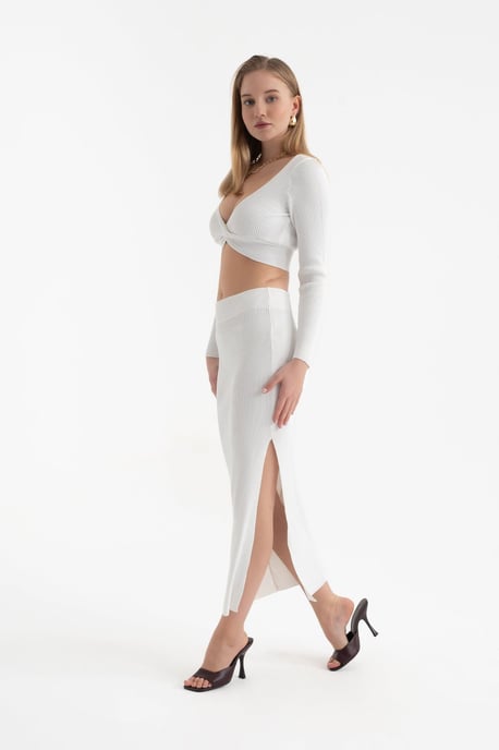 2 Teile: V-Ausschnitt Langarm Cropped Top & Hohe Taille Schlitz Maxirock - Image 4