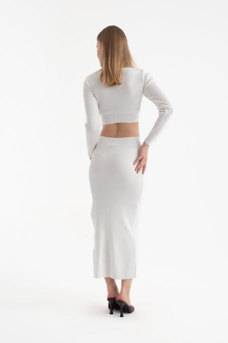 2 Teile: V-Ausschnitt Langarm Cropped Top & Hohe Taille Schlitz Maxirock - Image 5