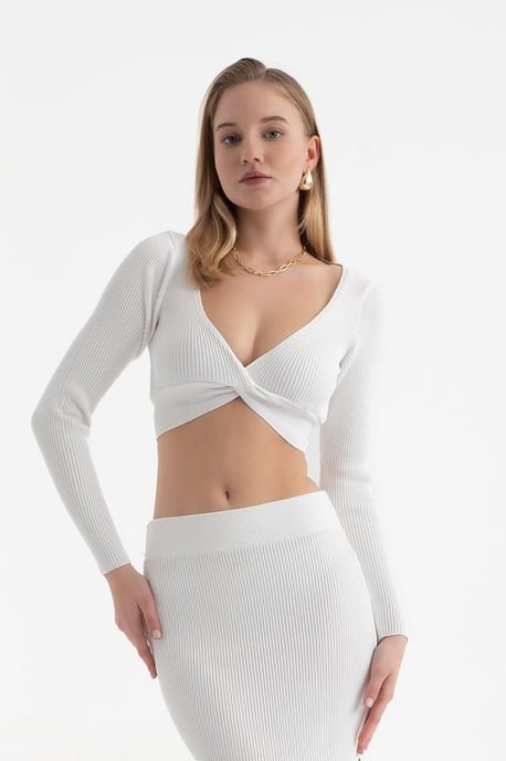 2 Teile: V-Ausschnitt Langarm Cropped Top & Hohe Taille Schlitz Maxirock - Image 6