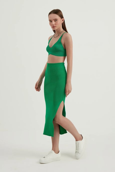 2 Teile: V-Ausschnitt Bodycon Crop Top & Hohe Taille Maxi mit Seitenschlitz - Image 3