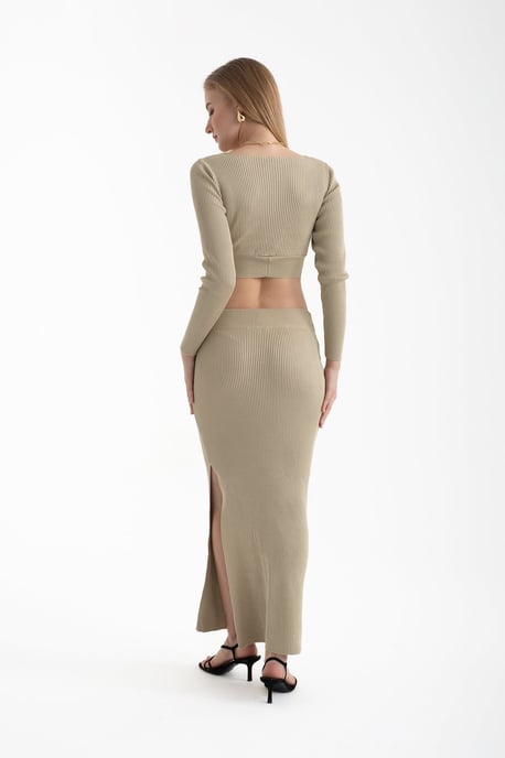 2 Stück: V-Ausschnitt Langarm Crop Top & Hohe Taille Schlitz Maxirock - Image 2